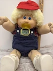 1985 OK Cabbage Patch Kids #4 Blonde Fuzzy Paci Boy Doll Denim Romper Pacifier