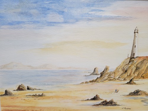 Quadro acquerello firmato vista mare incorniciato e smaltato raro faro 40,5x33 cm - Foto 4 di 16