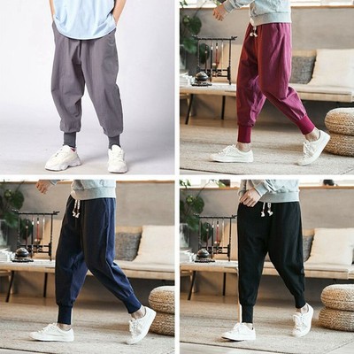 Herren Leinen Kordelzug Haremshose Locker Tapered Hose Gummibund