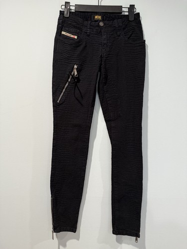 Diesel Jeans Womens 24" Black Textured Skinny Zipper Biker Grunge Punk Skater