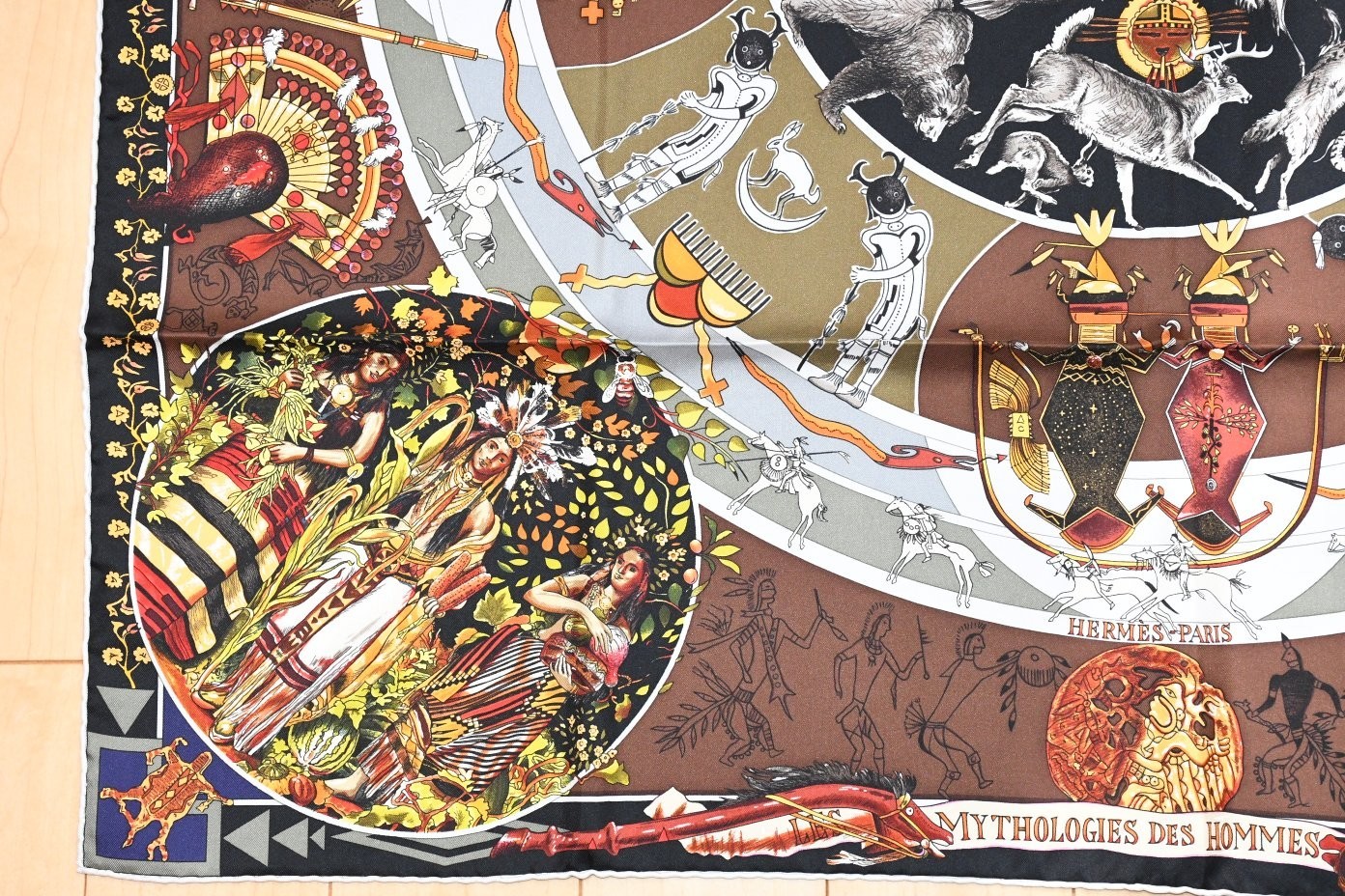 Hermes Scarf Les mythologies des hommes rouges 90 cm silk brown black Carre image 7