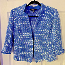 St. John Blue Tweed Cropped Blazer Jacket Size 6 Open Front 3/4 Sleeve Made USA