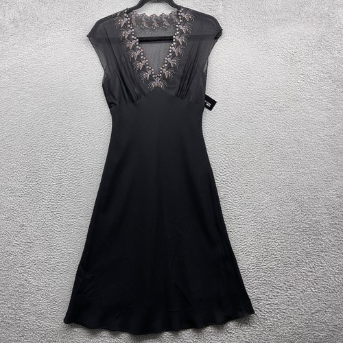Jones New York Womens Midi Dress Black V-Neck Short Sleeve Embroider NWT Size 6