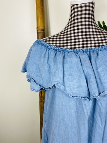 Zara Chambray Blue Denim Ruffle Off The Shoulder Dress With Pockets Size M - Picture 5 of 9