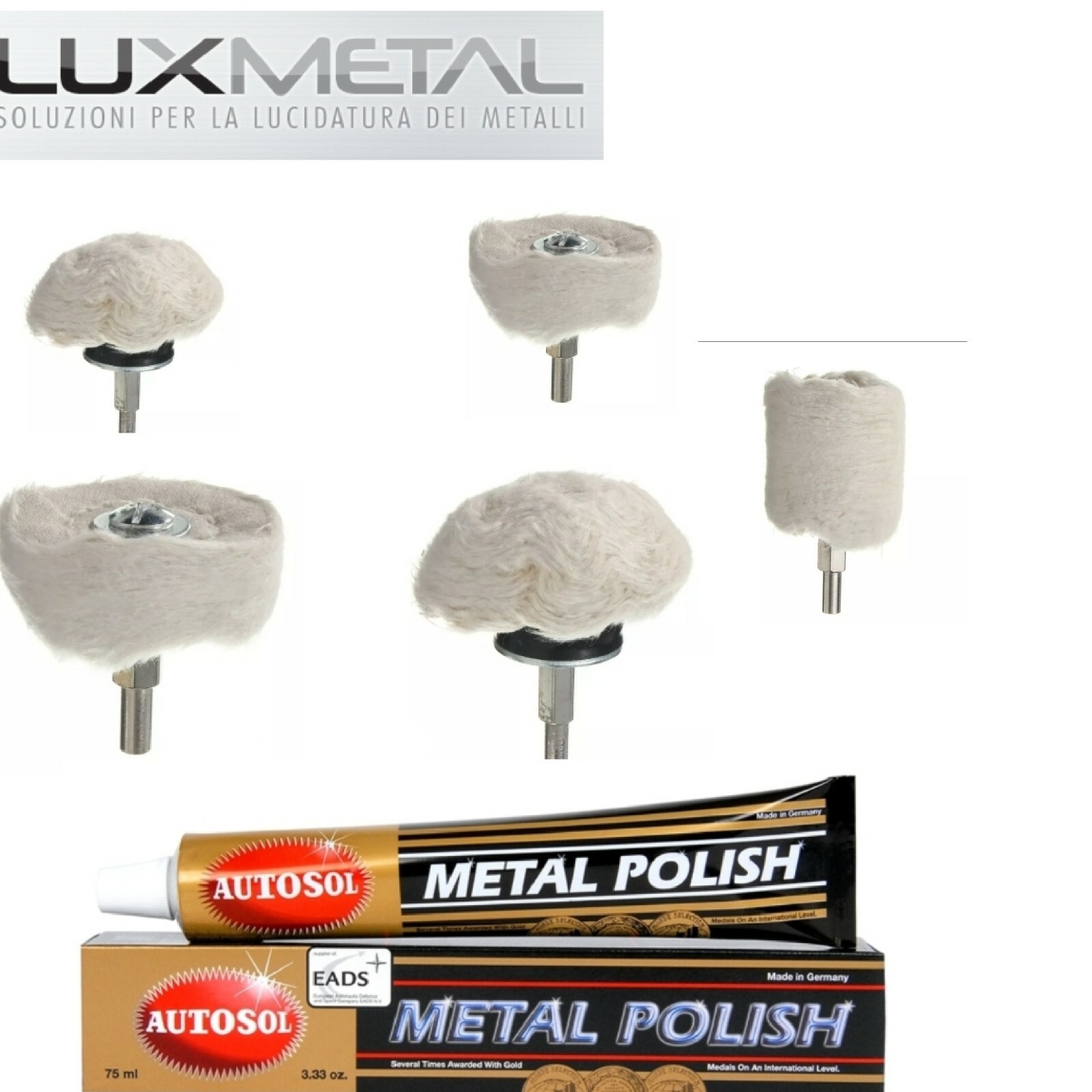 Kit per lucidare pulire cromatura metalli alluminio autosol dischi cotone pasta