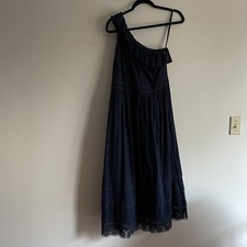 Talbots Women 4 Navy Blue Cotton One Shoulder Ruffle Midi Fit & Flare Dress