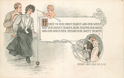 Valentine's Day Postcard Sweetheart Couple & Cupid Fishing w/ Heart - ca 1906