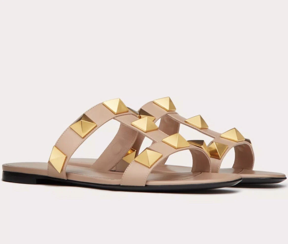 VALENTINO GARAVANI Flat Roman Stud Slide Sandals Rose Gold Size 37