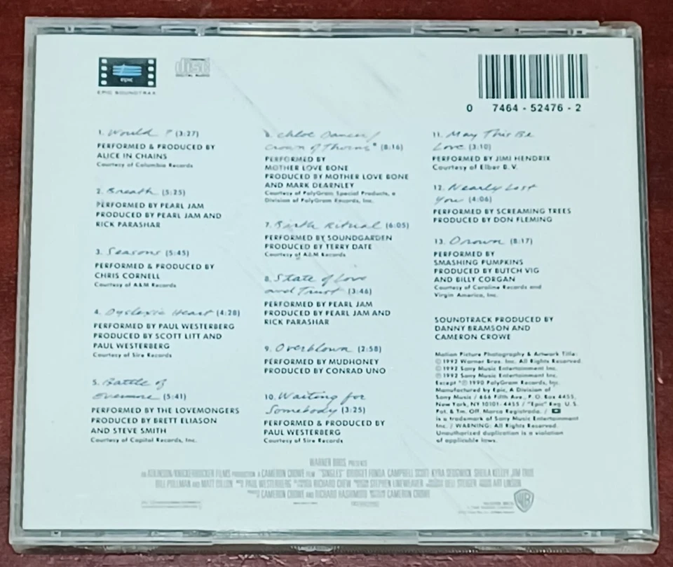 1992 Singles CD Original Motion Picture Soundtrack Pearl Jam Alice in Chains Foto 2 de 4