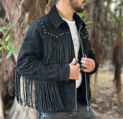Men's Black Suede Leather Fringe Jacket Western Cowboy Fringed