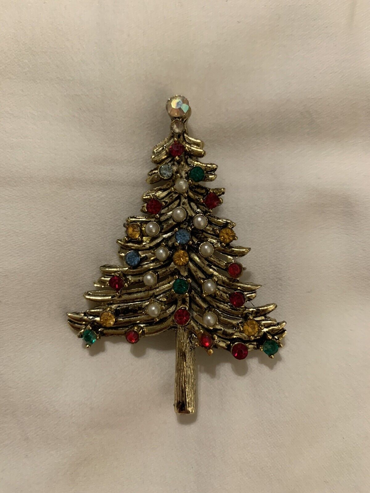 Vintage Christmas Tree Brooch Pin, Gold Color Wit… - image 1