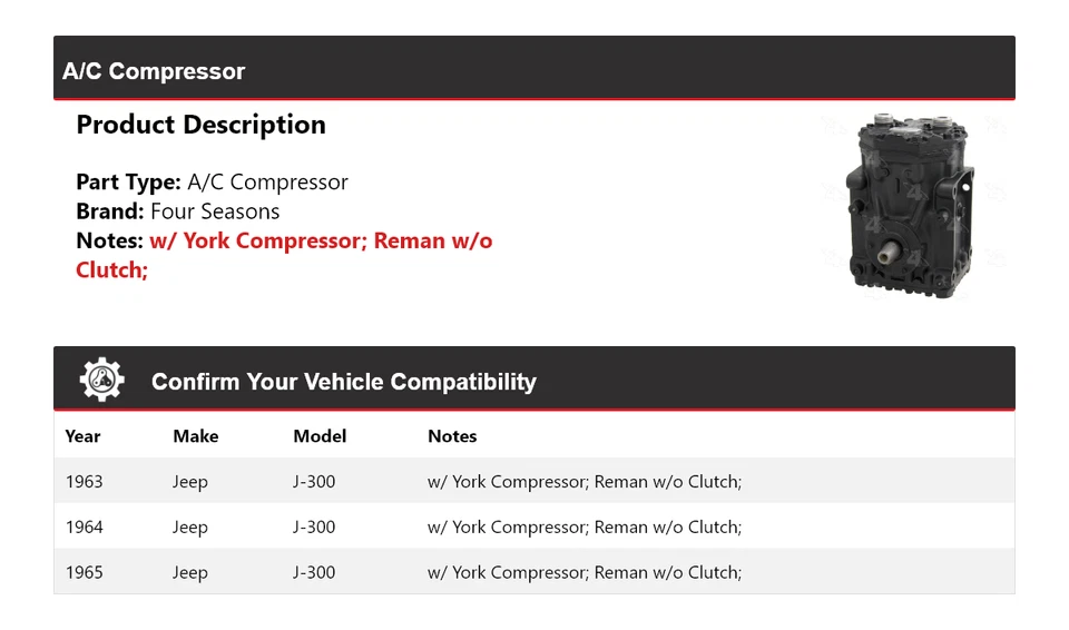 Compresor de aire acondicionado para Jeep J-300 1963-1965 4 estaciones 1964 Foto 2 de 4