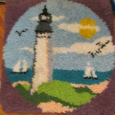HANDMADE LATCHHOOK RUG WALL DISPLAY 23 X23 SEAGULLS ,NAUTICAL Lighthouse