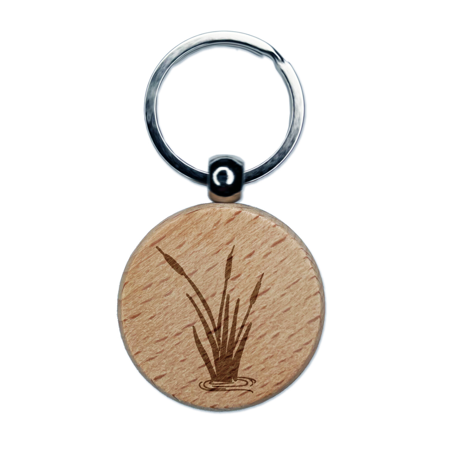 Cattails in Water Engraved Wood Round Keychain Tag Charm
