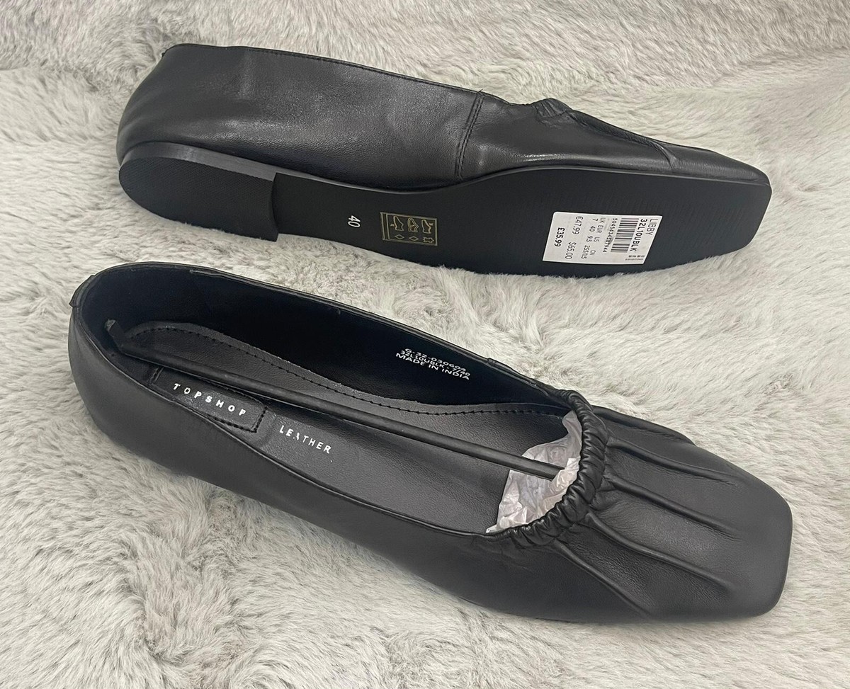 Topshop Womens Black Leather Libby Ruched Flat Shoes RRP - Main Image