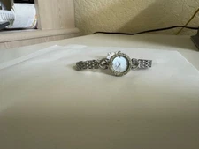 NOS Ladies LUCIEN PICCARD Roma Silver Tone Green Crystal Accent MOP Dial  Watch