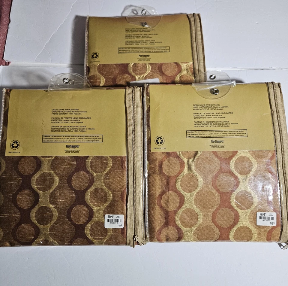 Pier 1 Juego de 3 Cortinas de Ventana Panel Forrado 50x84 Oro Círculo Eslabones Patrón NUEVO Foto 2 de 4