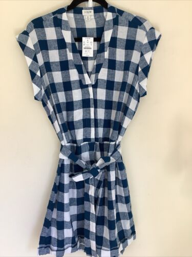 J Crew 8 Linen Blend Blue White Checkered Romper Cottage Core Picnic New - Picture 2 of 11