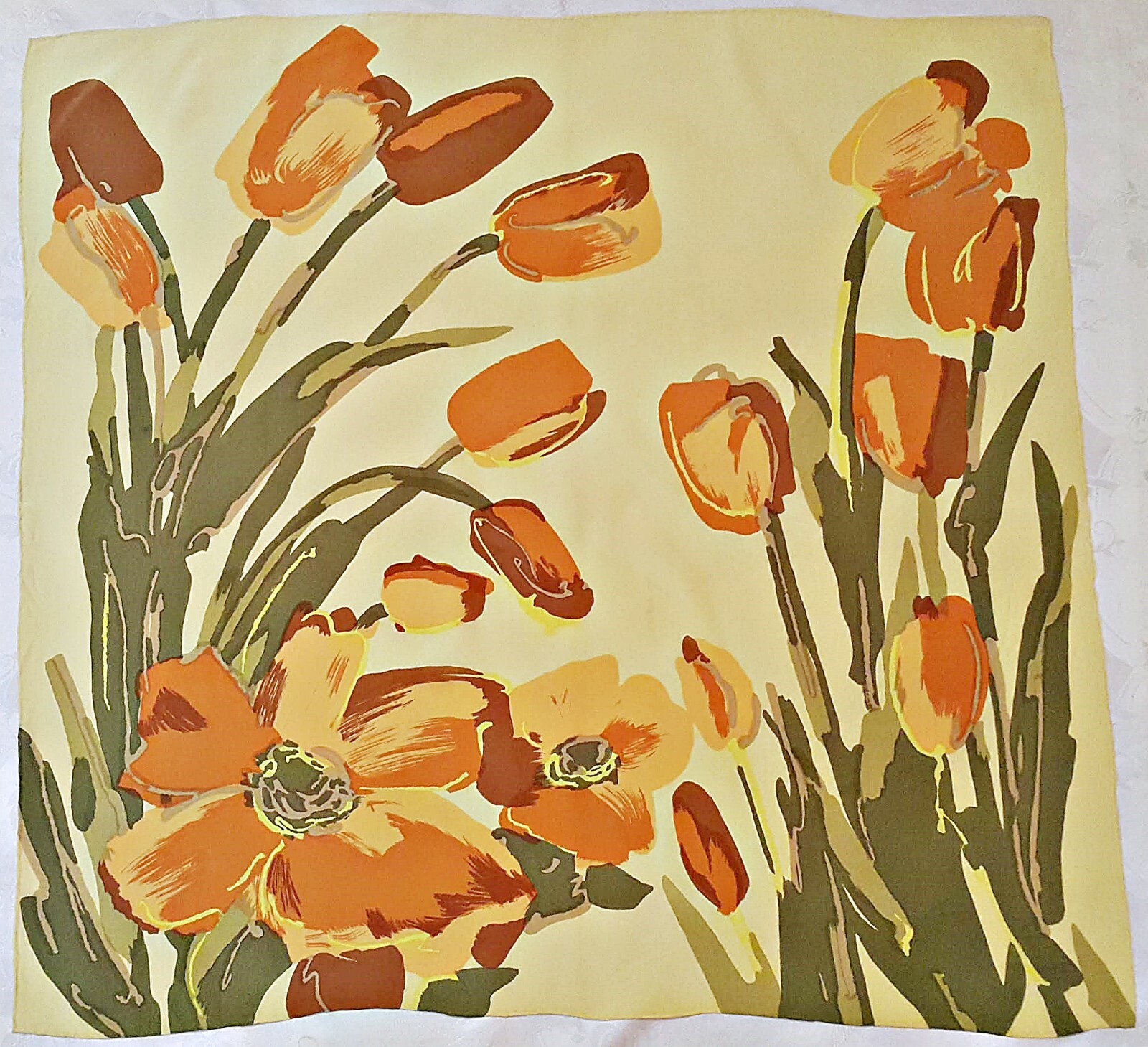 Vintage Silk Scarf Floral Art Tulip Design Yellow Orange 33 Inch Square-image