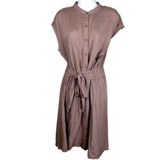 Symphony Brown Belted Short Sleeve Button Midi Dress L NWT