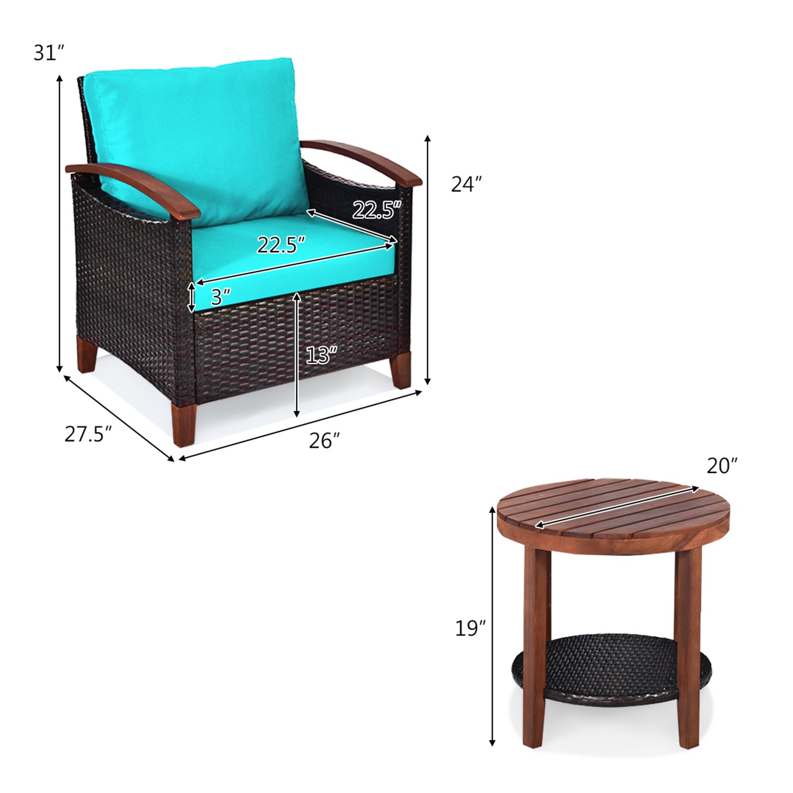 3PCS Patio Wicker Rattan Conversation Set Outdoor Furniture Set w/ Turquoise alternate view 3