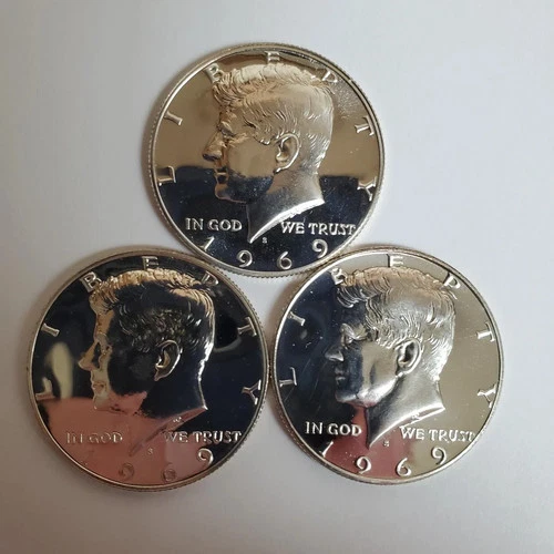 Three 1969 S Kennedy Half Dollars 40% SILVER "PROOF" Minor Defects (Exact) AM