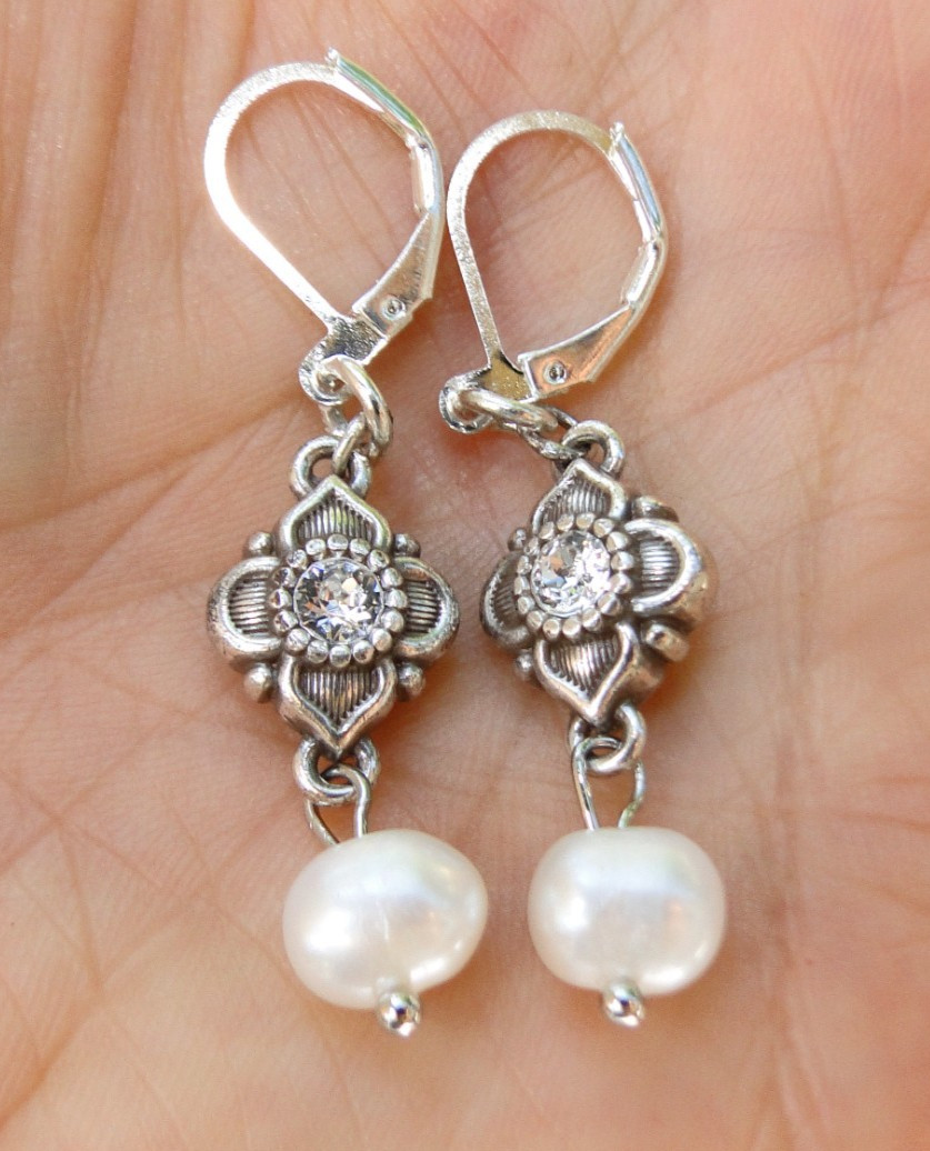 Altered Brighton Alcazar Silver Crystal Fresh Water Pearl On Lever Back Earrings