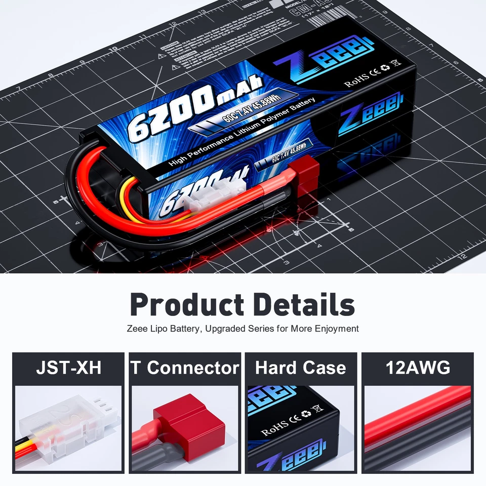 2X Zeee 7,4V 2S LiPo Akku T Stecker 60C 6200mAh Hardcase für RC Auto Truck Heli - Bild 2 von 4