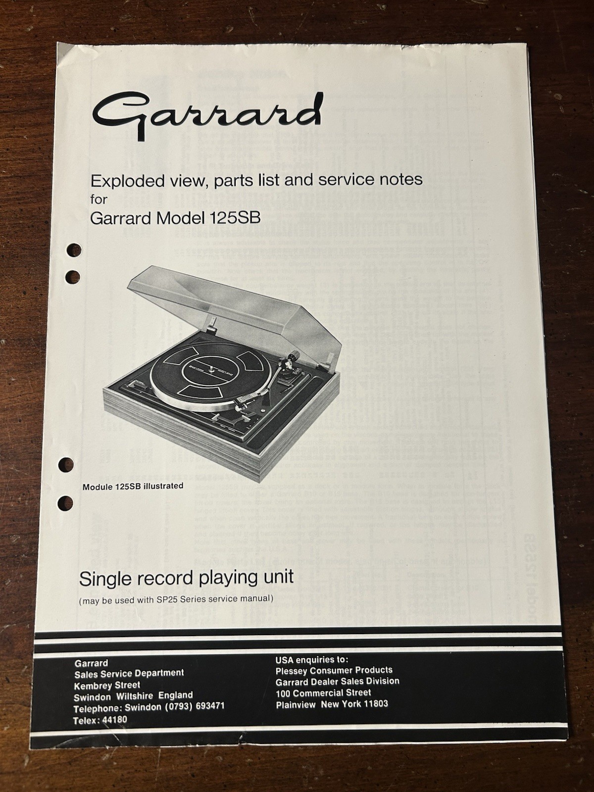 Garrard Model 125SB Turntable Record Player Exploded View Original OEM Service