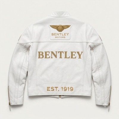 Bentley British Racing White Leather Jacket   Colorblock Biker Gear