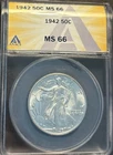 1942 P Walking Liberty Silver Half Dollar ANACS MS66, Bright White, ++ Strike
