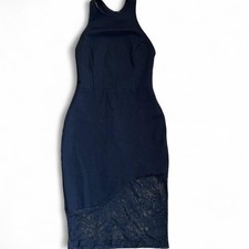 High neck low back black midi dress with a bodycon fit and lace bottom