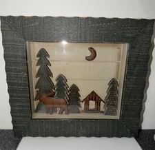 Wooden Rustic Cabin Pine Tree Shadow Box 3 D Picture Green Brown Moose