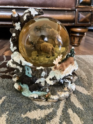 Buffalo Pair Water Globe w Moose Eagle Bears Deer Mt Goats plays ''Born Free''