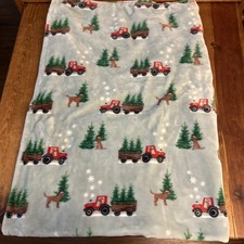 OVERSIZED CHRISTMAS HOLIDAY THROW BLANKET DOGS, TRUCKS, TREES 48x70 Blue