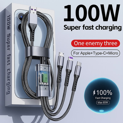 3in1 Multi PD 100W USB-A Ladekabel auf USB Typ-C, Micro-USB und Phone