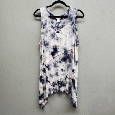 Keren Hart Tank Top Womens Large Black White Tie Dye Sleeveless Asymmetrical Hem