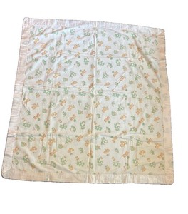 Vintage Butter Yellow Satin Trim Baby Blanket  35”x32”, Bears Mushrooms Flowers