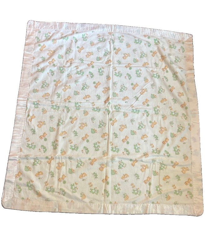 Vintage Butter Yellow Satin Trim Baby Blanket  35”x32”, Bears Mushrooms Flowers