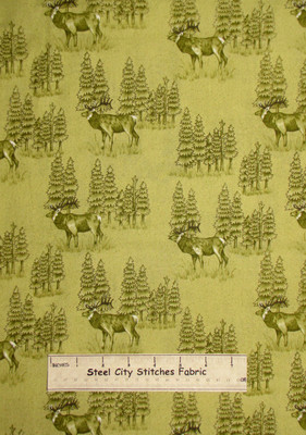Riverwoods Woods Water & Wildlife Elk Trees Scenic Green Cotton Fabric YARD