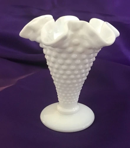 Vintage Fenton Hobnail Ruffled Top Trumpet Milk Glass Vase 9.5cm / 4" inch