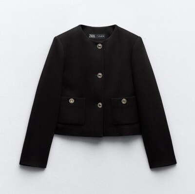 NEW] ZARA Preppy Short Textured Jacket Black/Gold-colored Size M