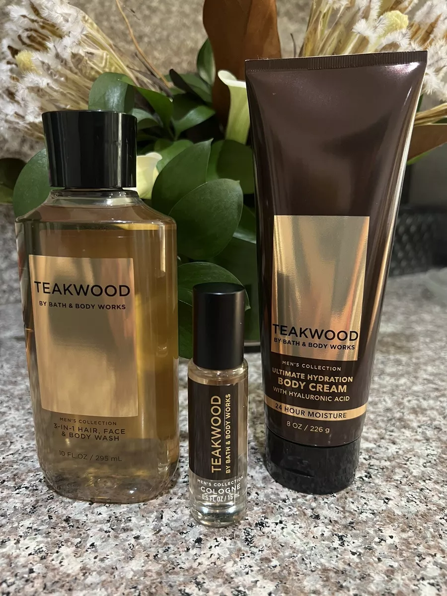 Bath & Body Works Teakwood Cologne .5 Fl Oz, Body Cream And Body Wash, 3 Pc  New.