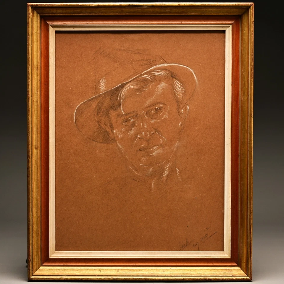 JACK LEVINE Vintage Original Firmado Hombre Retrato Estudio Grafito Dibujo Gouache Foto 2 de 4