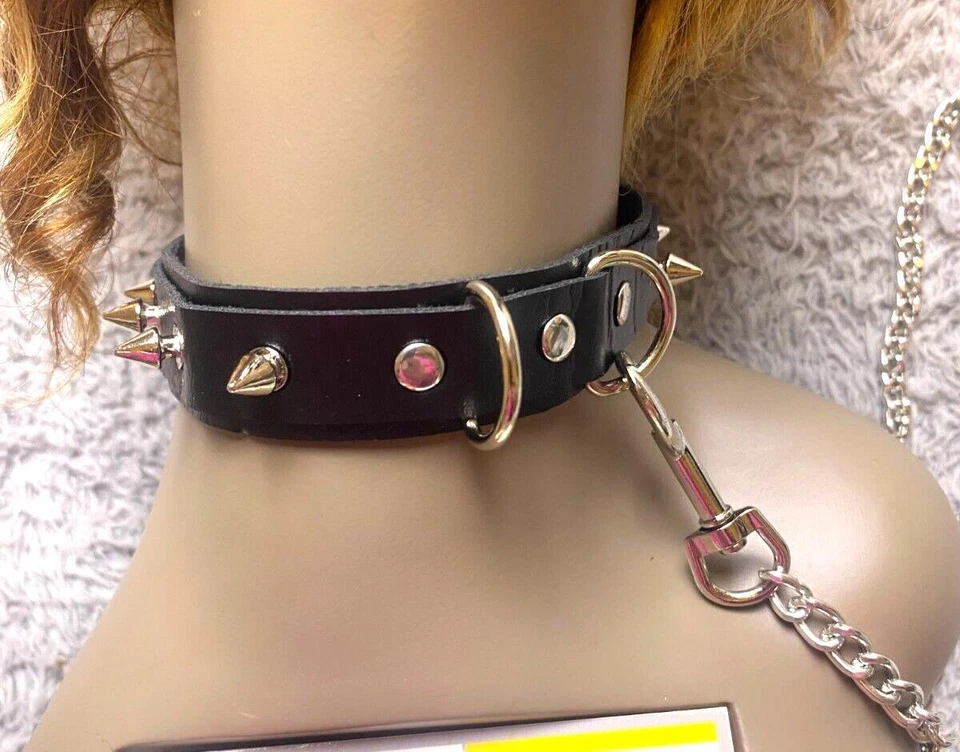 Gargantilha colarinho com corrente trela rebite cravejado couro ecológico gótico punk bondage NOVO - Imagem 2 de 4