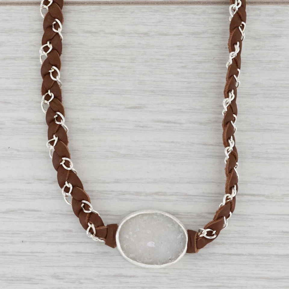 Nuevo Collar Nina Wynn Cordelia Tejido Cuero Marrón Cuarzo Druzy Foto 2 de 4