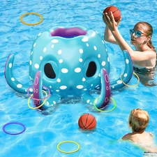 Kids Octopus Pool Toys, 2-In-1 Inflatable Basketball Hoop & Ring Toss Yard Games