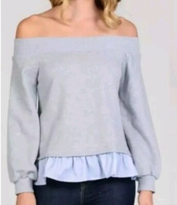 After Market Women's Size Small Off The Shoulder Sweatshirt Peplum Trim Gray