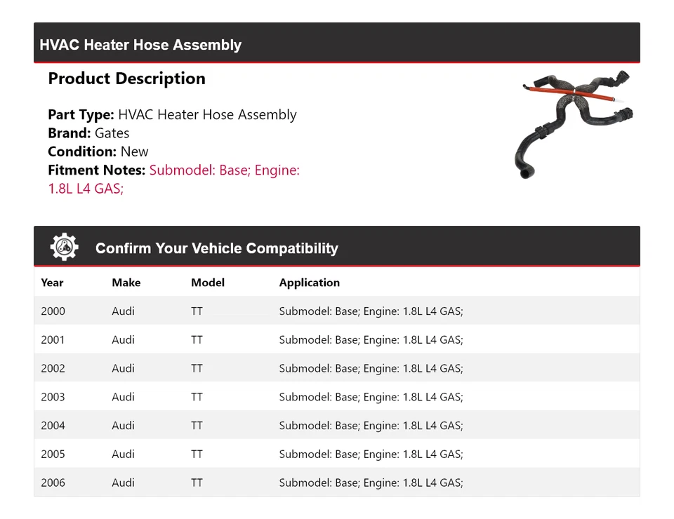 Para 2000-2006 Audi TT Base 1.8L L4 GAS HVAC Aquecedor Mangueira Conjunto Portões 2001 2002 - Imagem 2 de 3