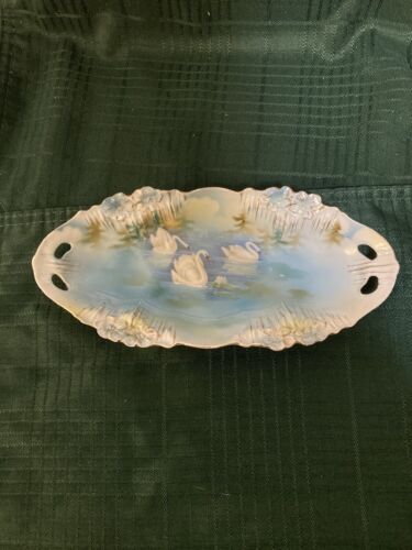 Beautiful Vintage RS Prussia Icicle Mold Swimming Swans 8” Relish Dish. Signed - Picture 1 of 6